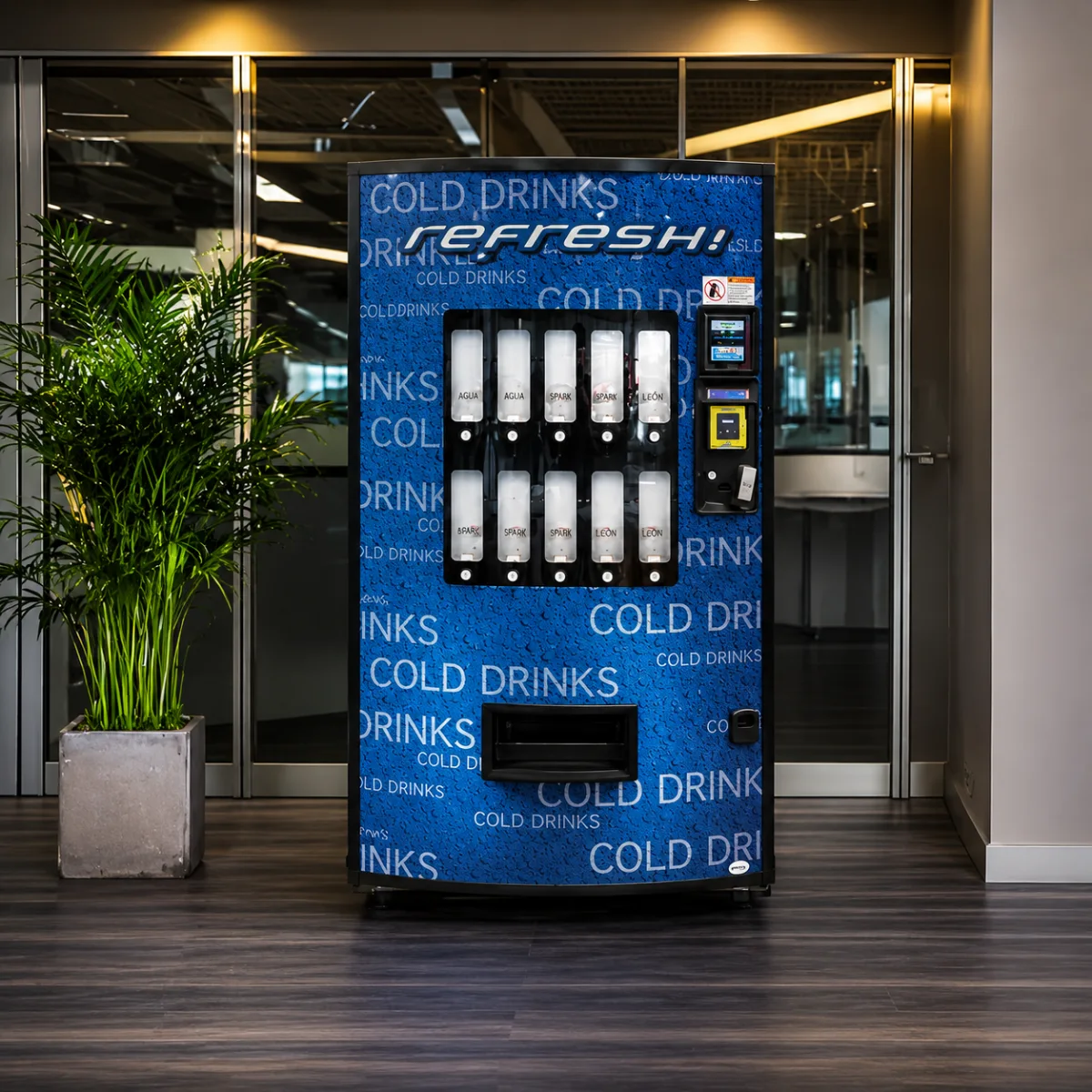 Máquina Vendo 821 de bebidas frías instalada en una oficina corporativa