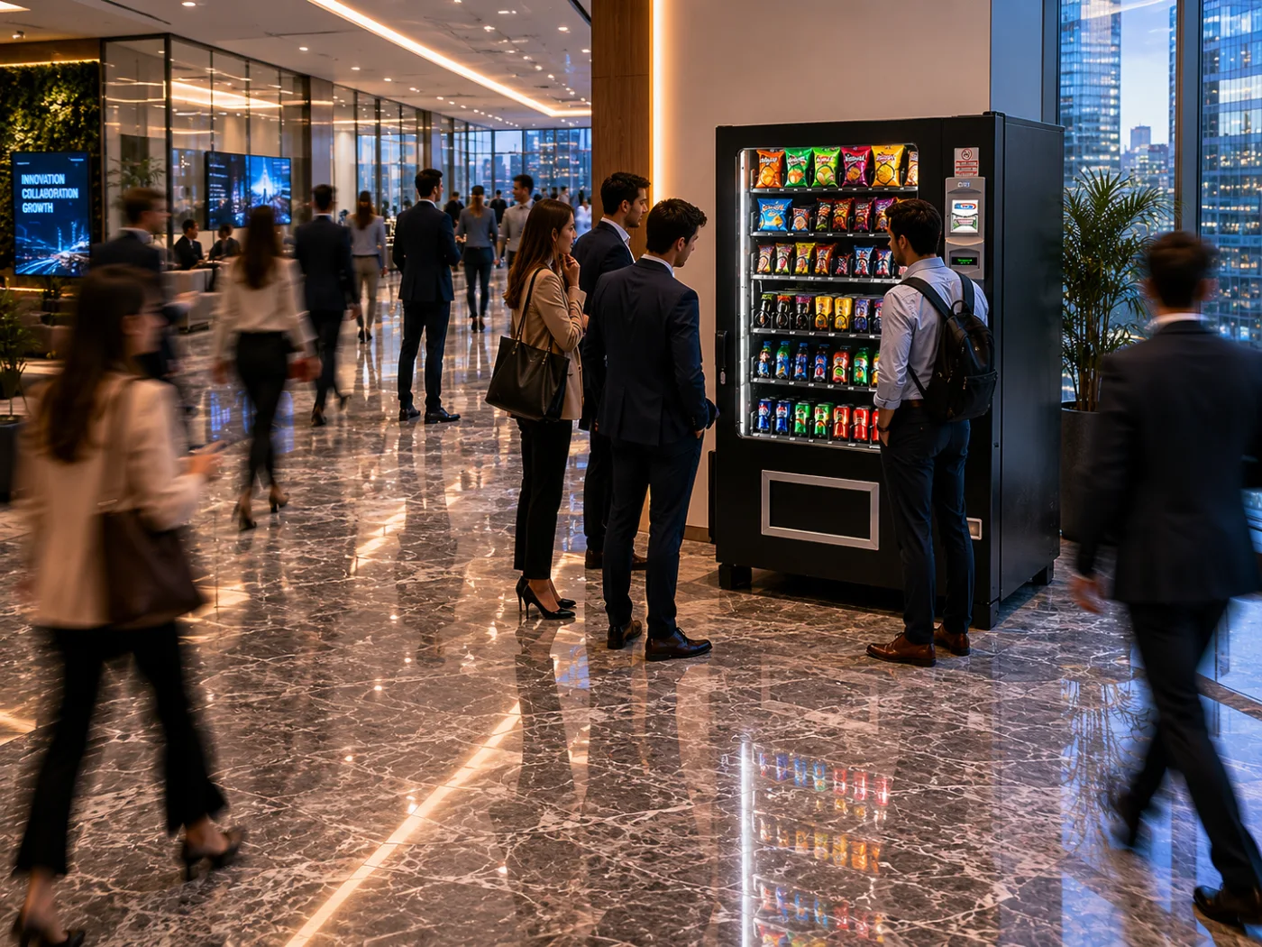 Máquina expendedora combo instalada en el lobby de un corporativo