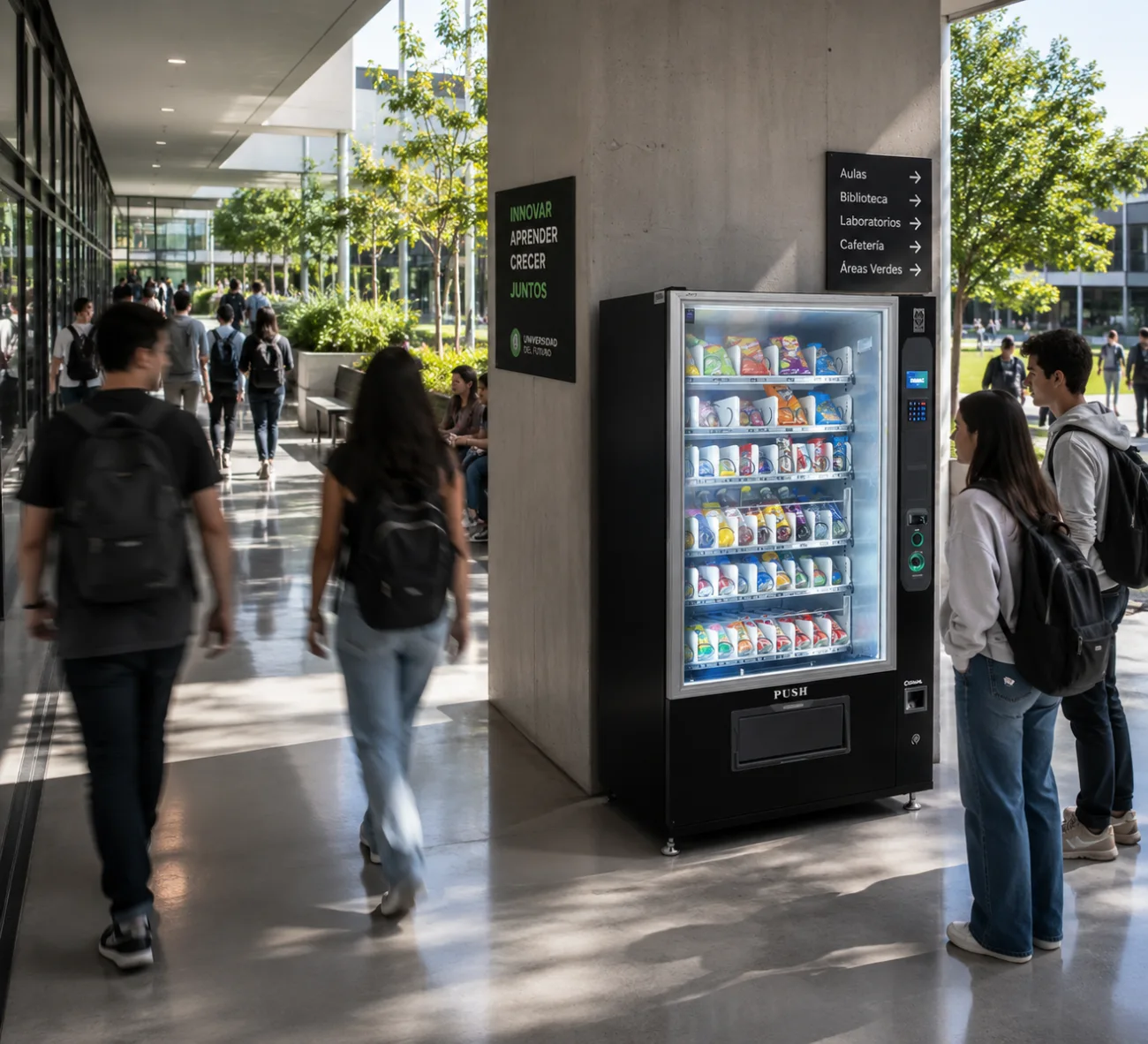 Máquina expendedora mixta de botanas y bebidas instalada en una universidad